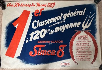 Original 1939 Le Mans  Simca Victory Poster large Format Rare